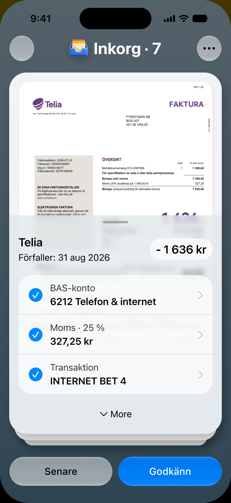 Skattkatts inkorg: en Telia-faktura med föreslaget BAS-konto, redo att godkännas
